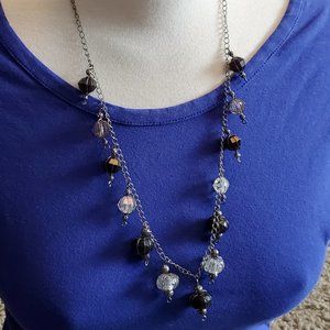 24" Long Silver Tone Black White Beaded Necklace